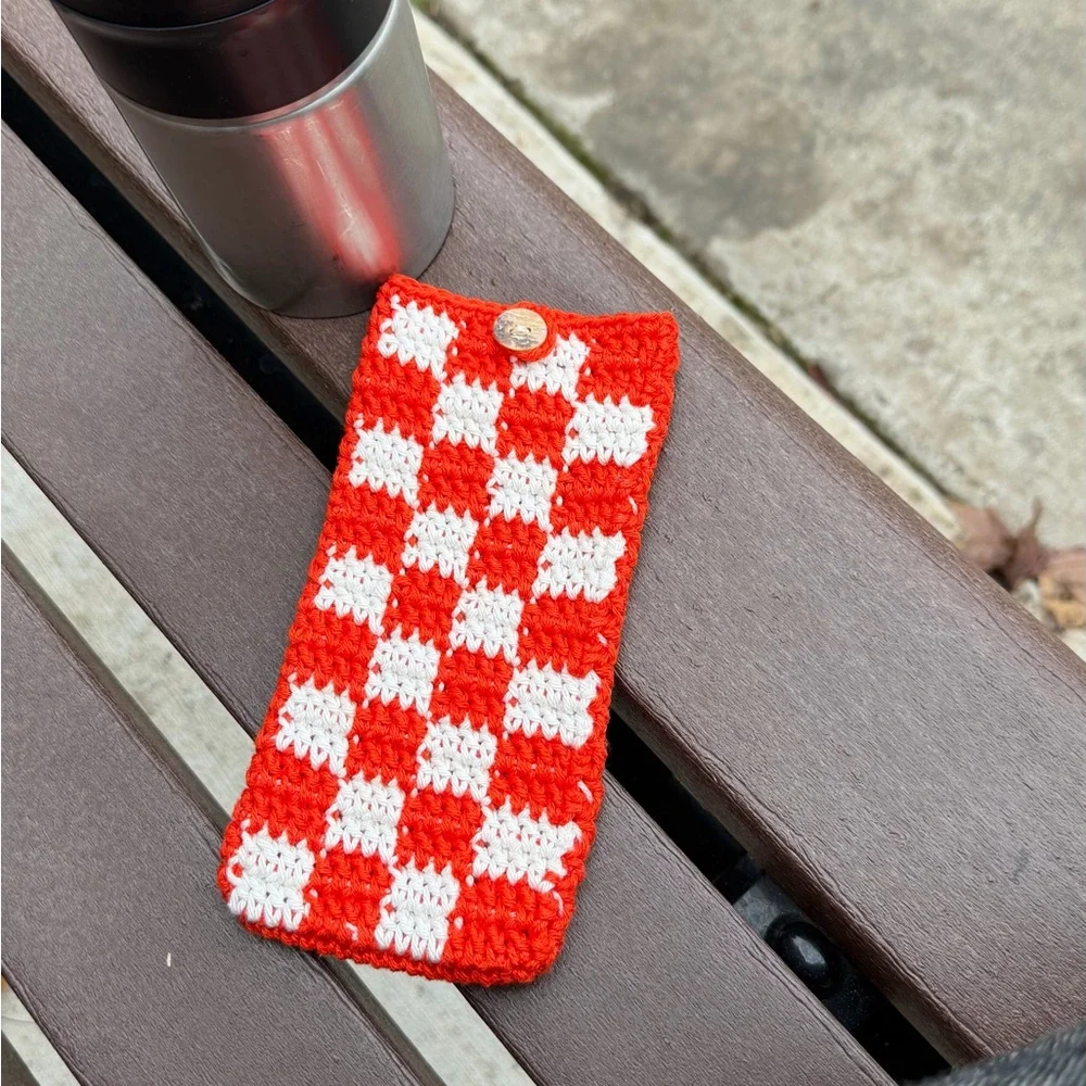 Red and White Checkered Crochet Pouch